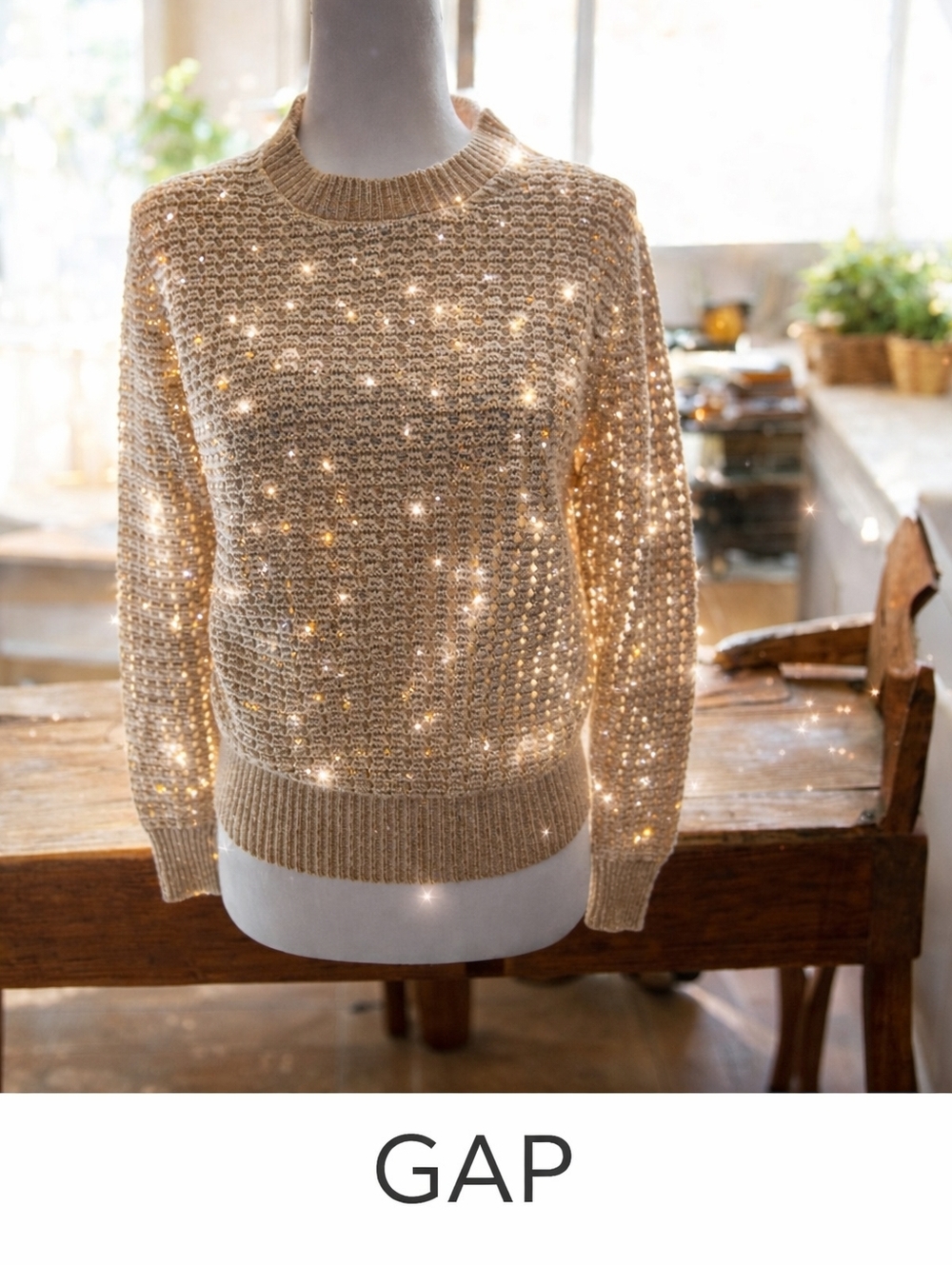 GAP Cream Crew Neck Sweater With Sequins In A Textured Knit